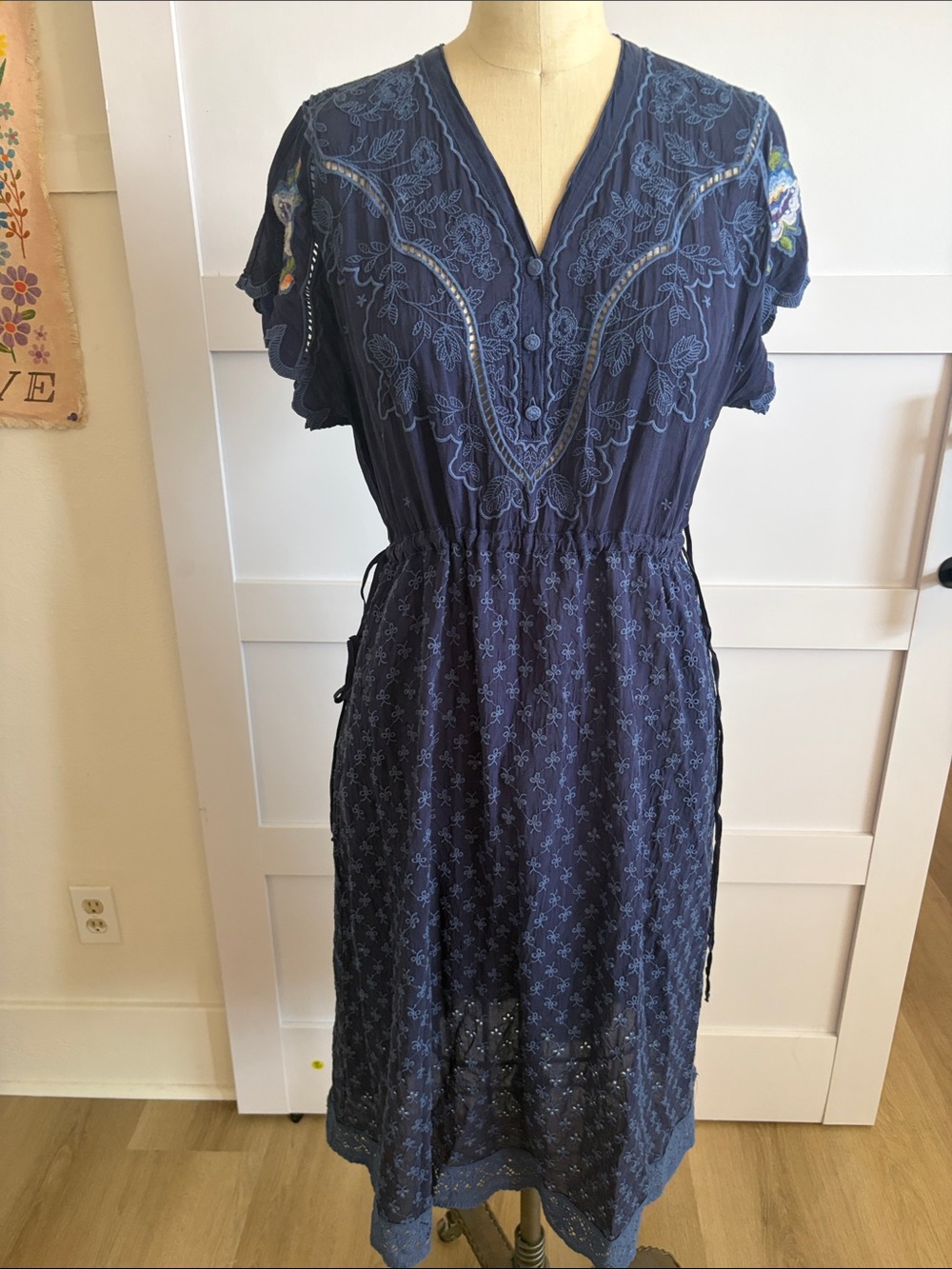Johnny Was Navy Embroidered Midi Dress